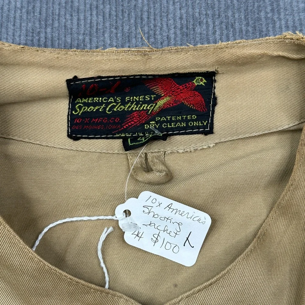 Vintage 10-X Shooting Jacket Tan Cotton Twill Leather Recoil Pad Mens 44 L